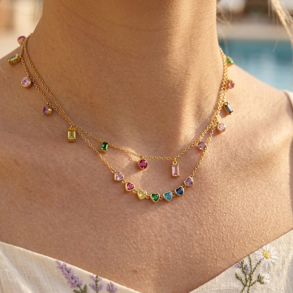 Multicolor Zircon Station Necklace — styled view 02