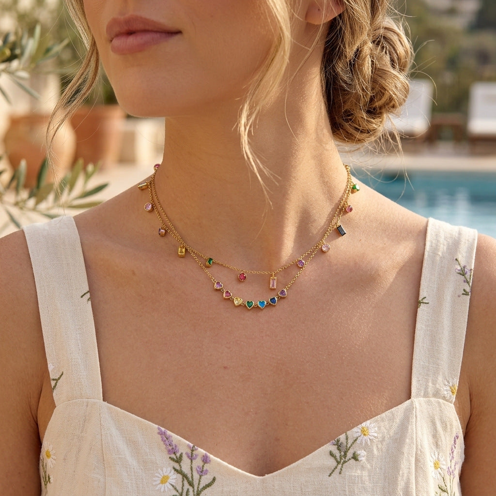 Multicolor Zircon Station Necklace — flat lay 03