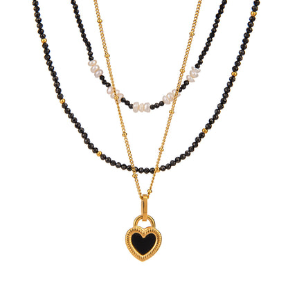 Black Heart Natural Stone Layered Necklace — product view 01