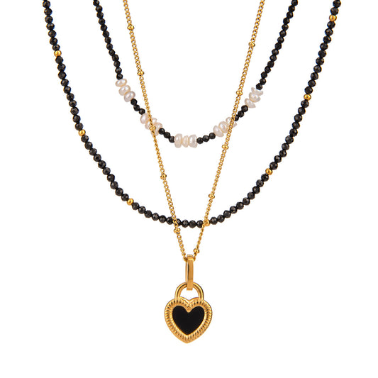 Black Heart Natural Stone Layered Necklace — product view 01