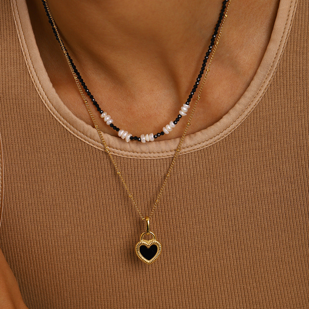 Black Heart Natural Stone Layered Necklace — styled view 02