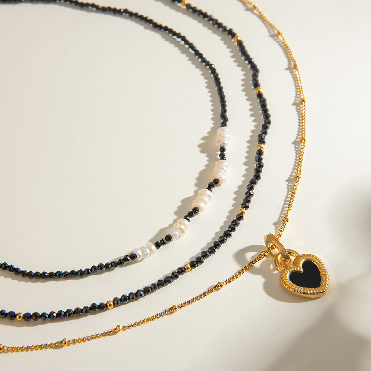 Black Heart Natural Stone Layered Necklace — styled view 04