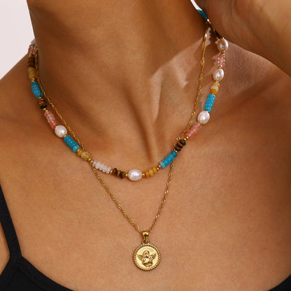 Beaded Coin Layered Necklace — styled view 02