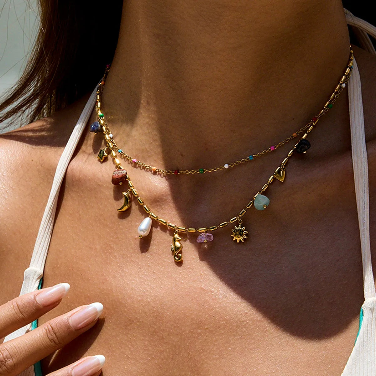 Pearl Heart Cross Layered Necklace — styled view 02