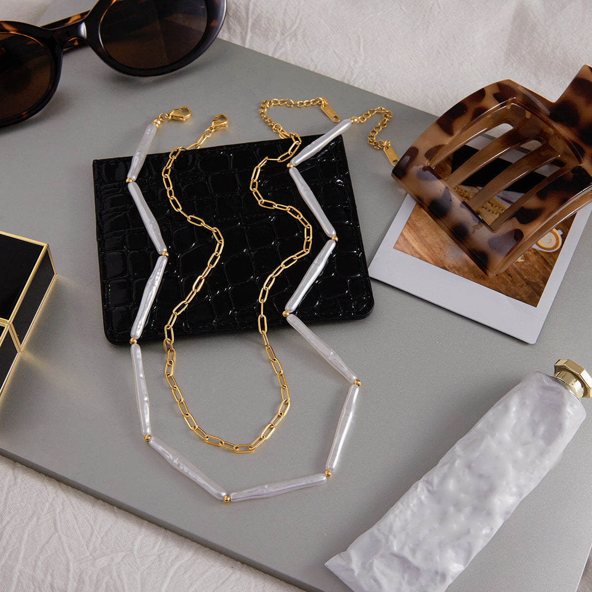 Pearl Bar Layered Necklace — styled view 04