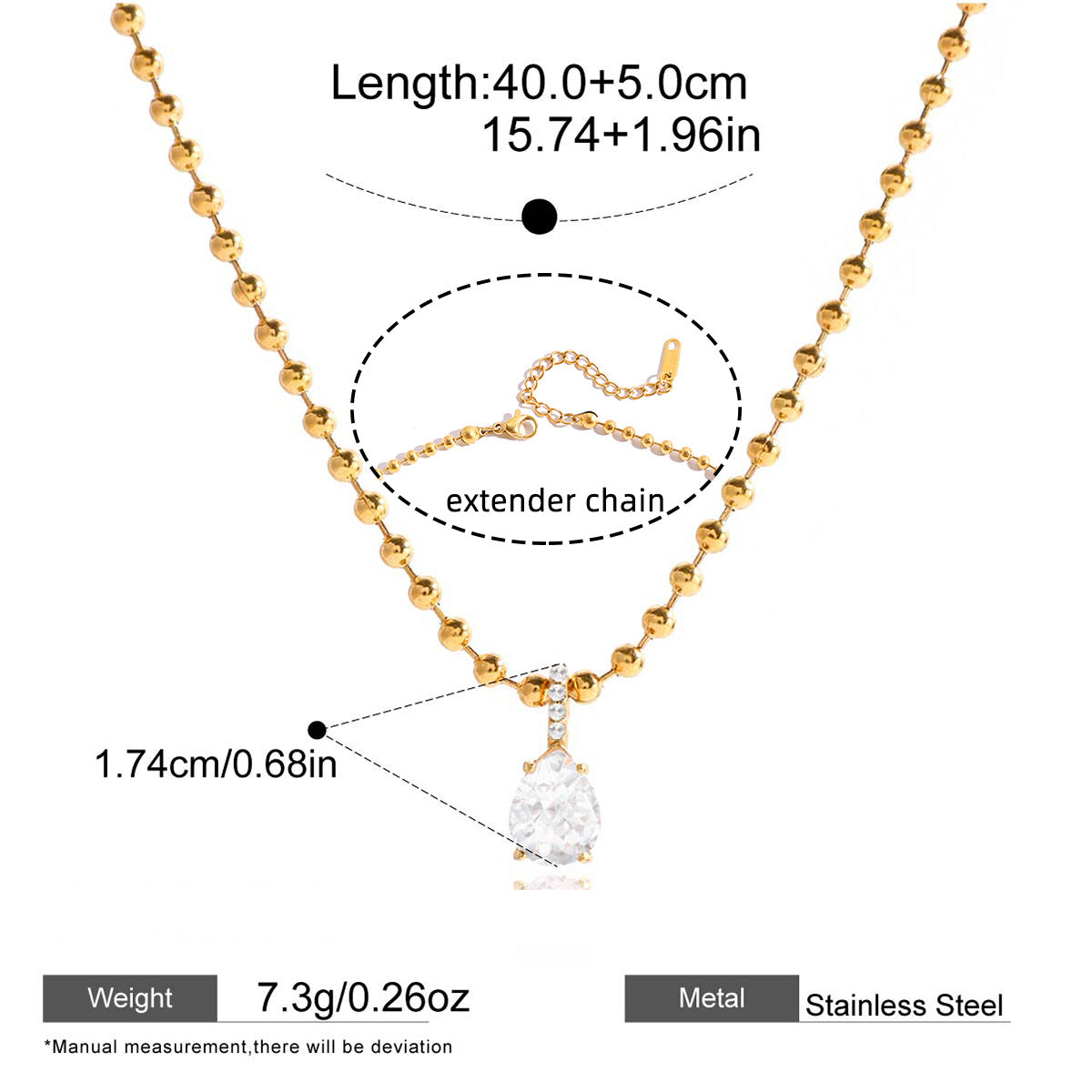 Gold-Tone Zircon Pendant Necklace — dimensions and size reference 02