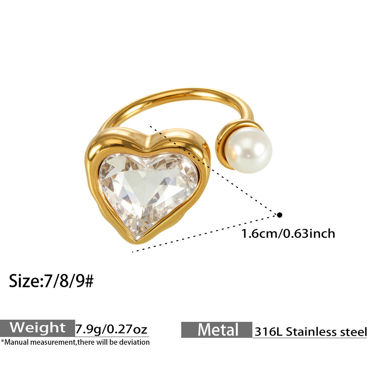 Assorted Heart Pearl and Zircon Rings — dimensions and size reference 09