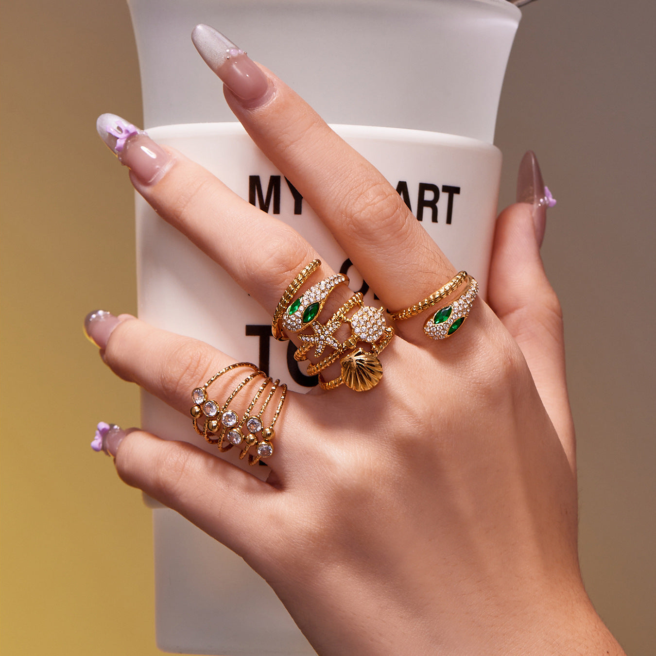 Ocean Motif Zircon Ring — styled view 02