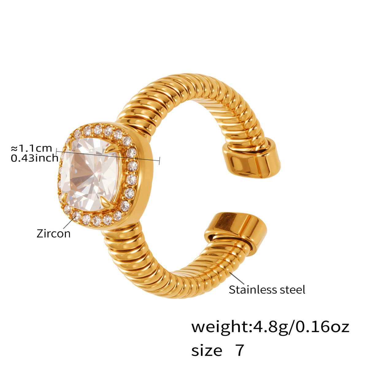 Rounded Zircon Open Rings — dimensions and size reference 06