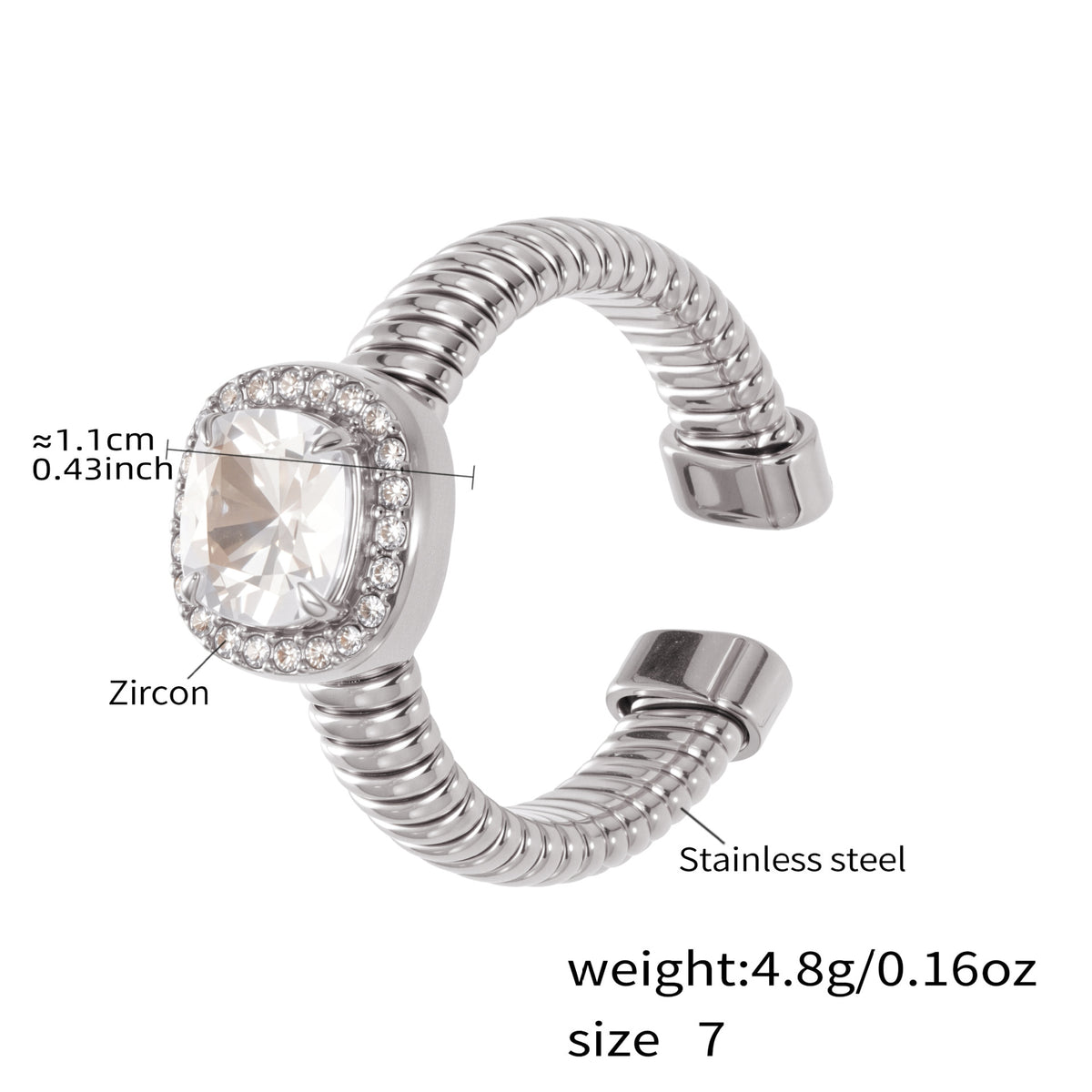 Rounded Zircon Open Rings — dimensions and size reference 07