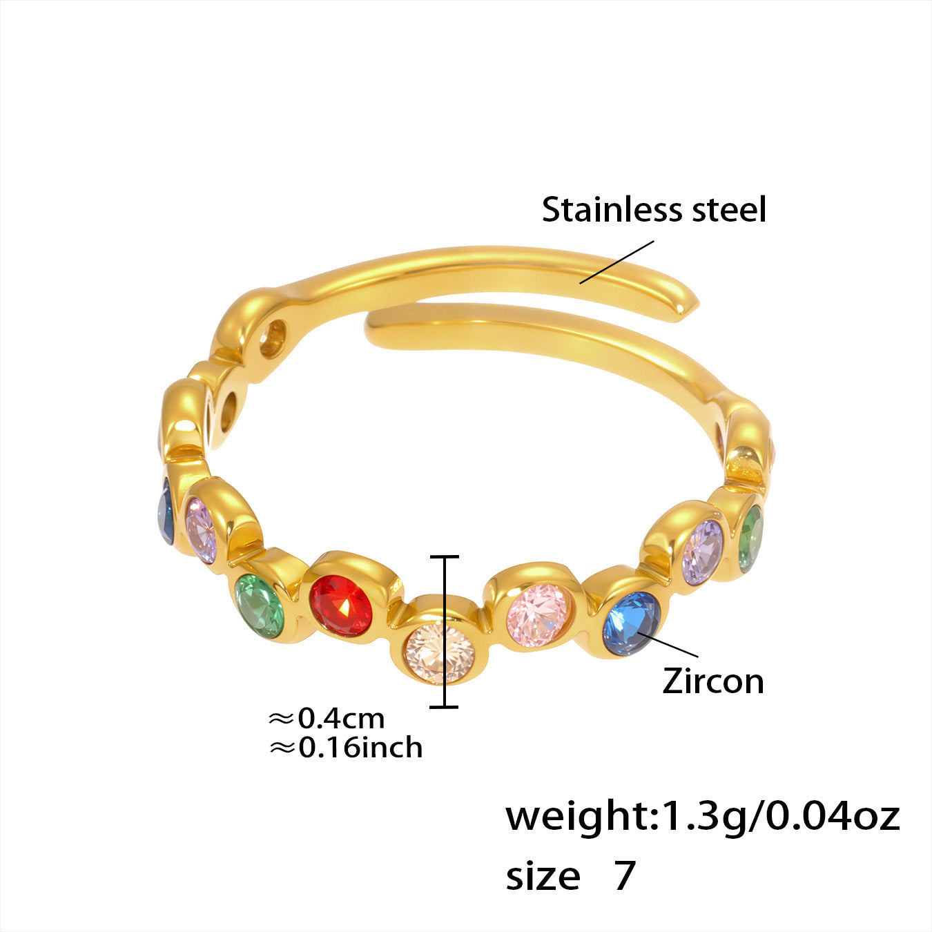 Multicolor Zircon Open Rings — dimensions and size reference 06