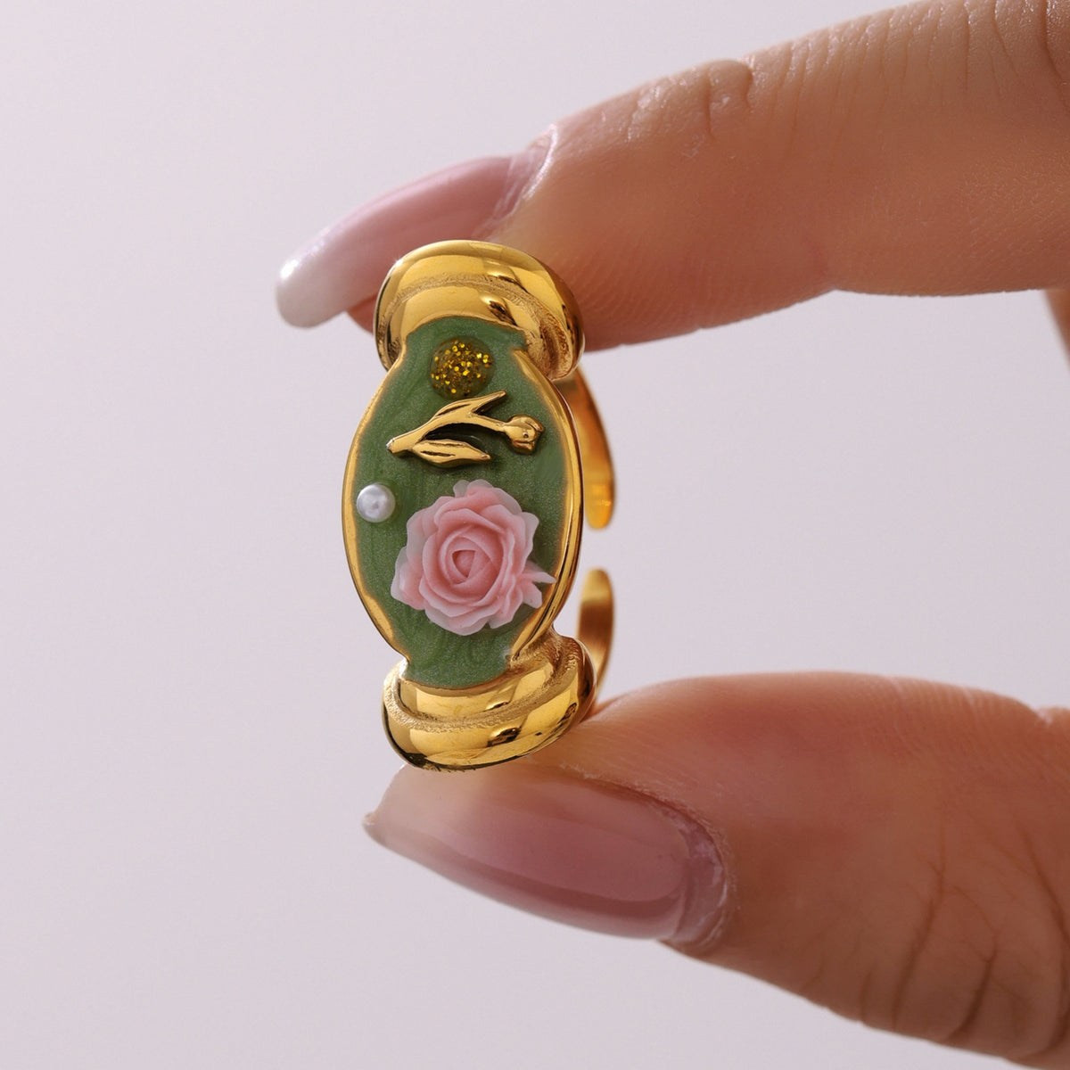Enamel Flower Pearl Ring — styled view 02