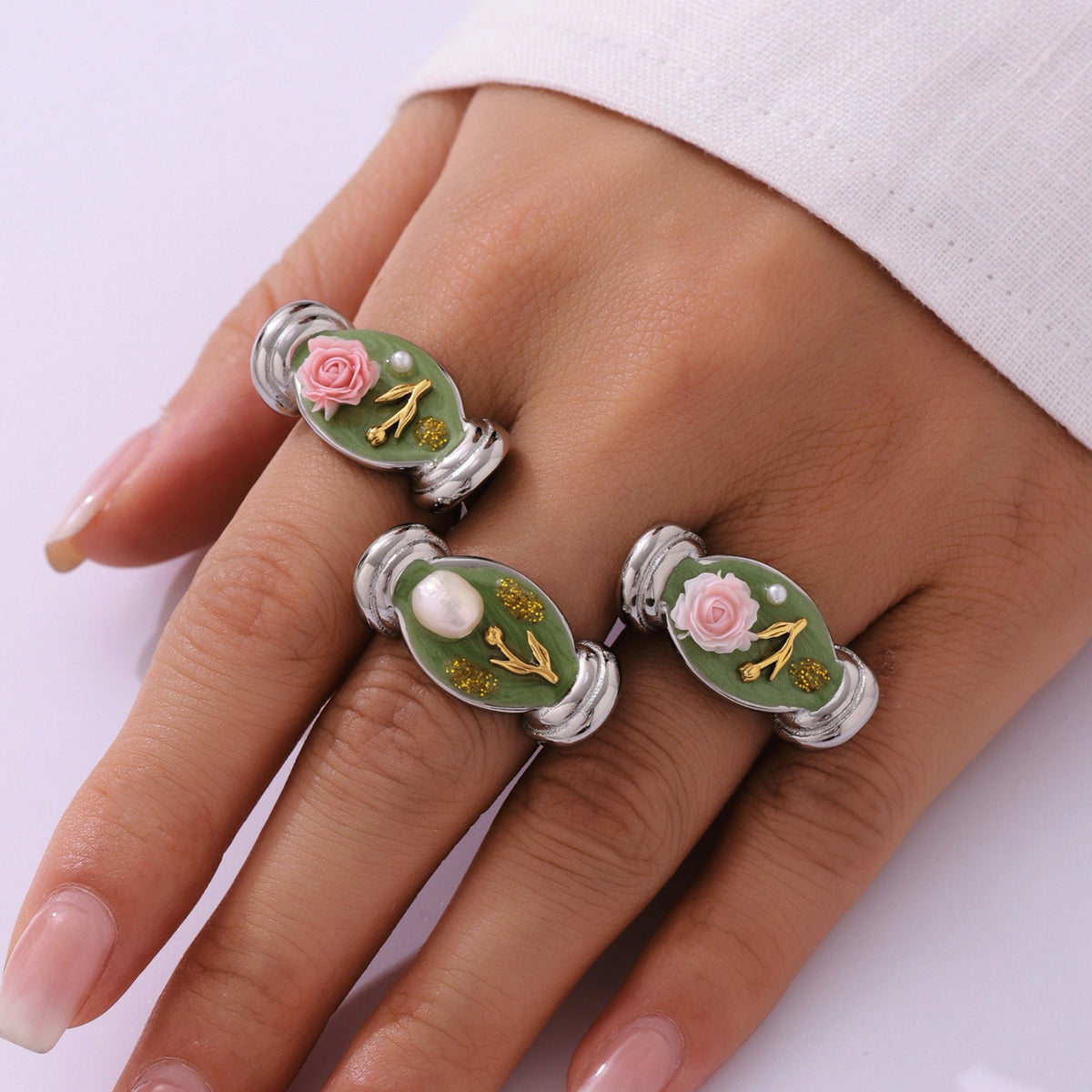 Enamel Flower Pearl Ring — styled view 03
