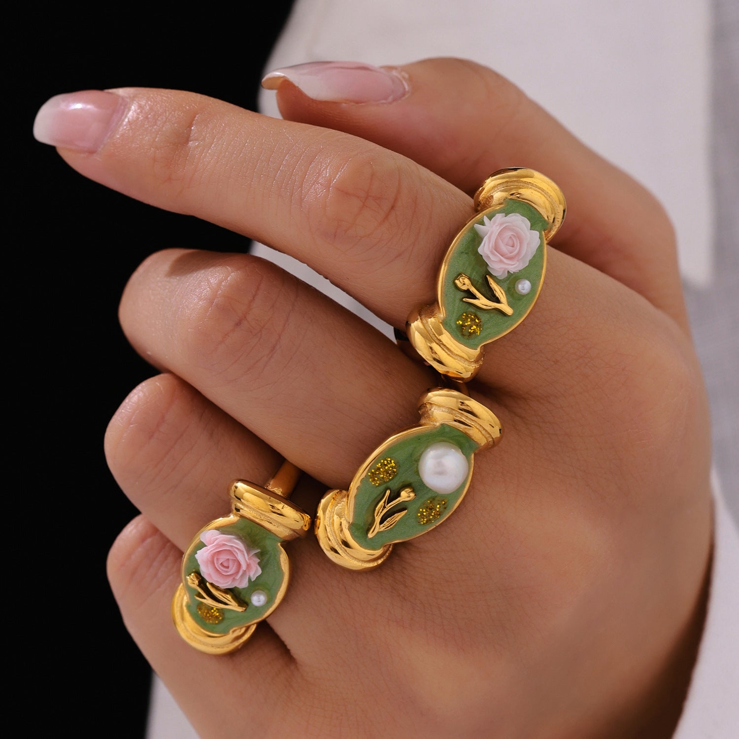 Enamel Flower Pearl Ring — flat lay 04
