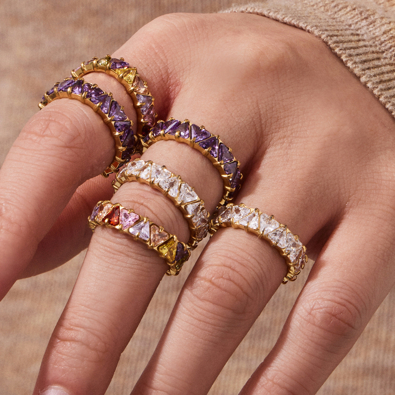 Triangle Zircon Eternity Rings — styled view 02