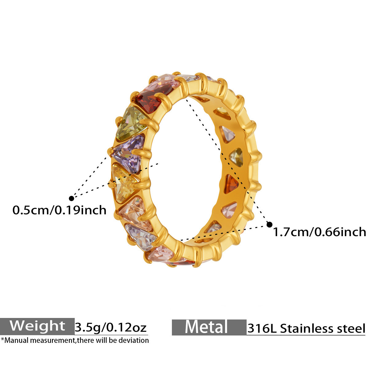 Triangle Zircon Eternity Rings — dimensions and size reference 06