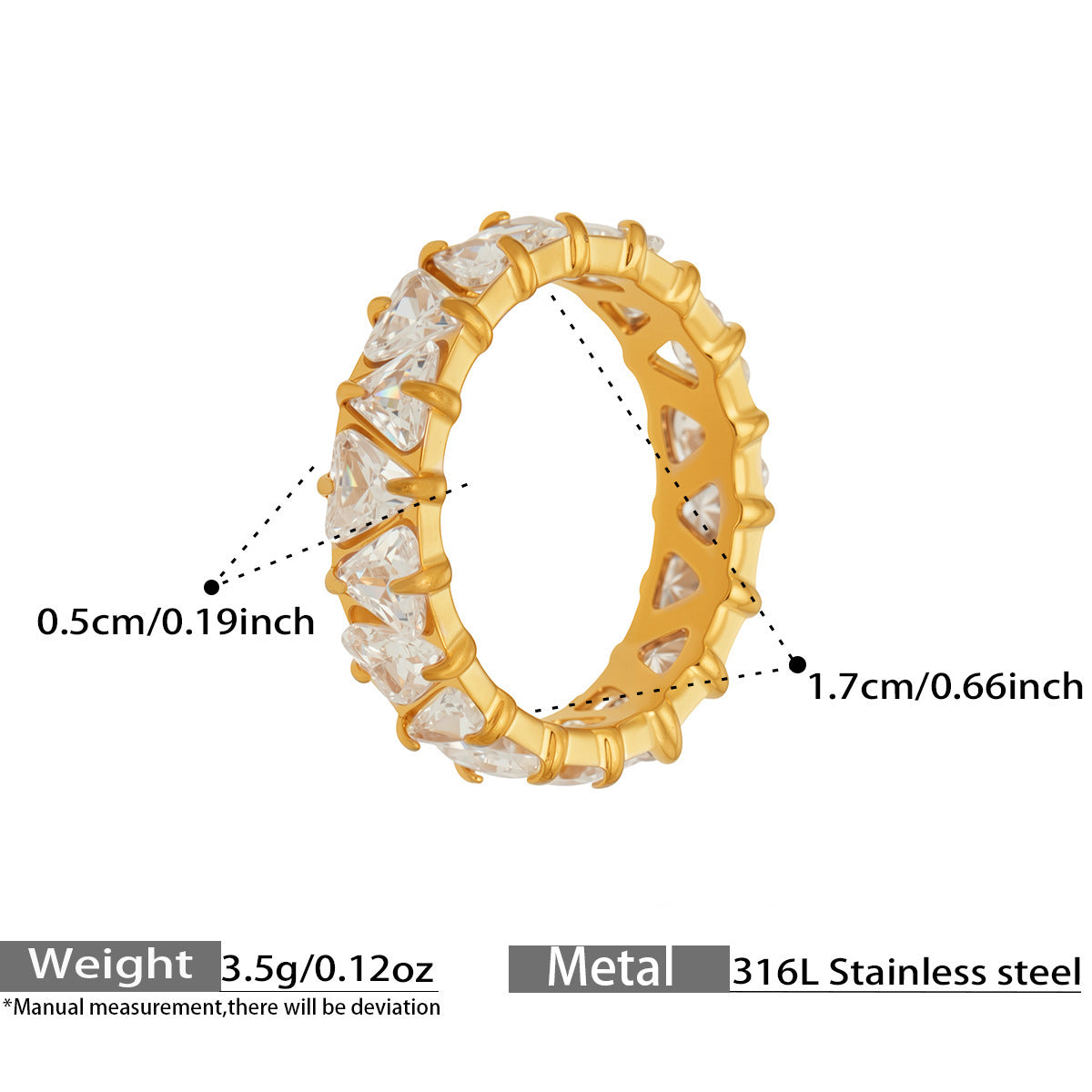 Triangle Zircon Eternity Rings — dimensions and size reference 07