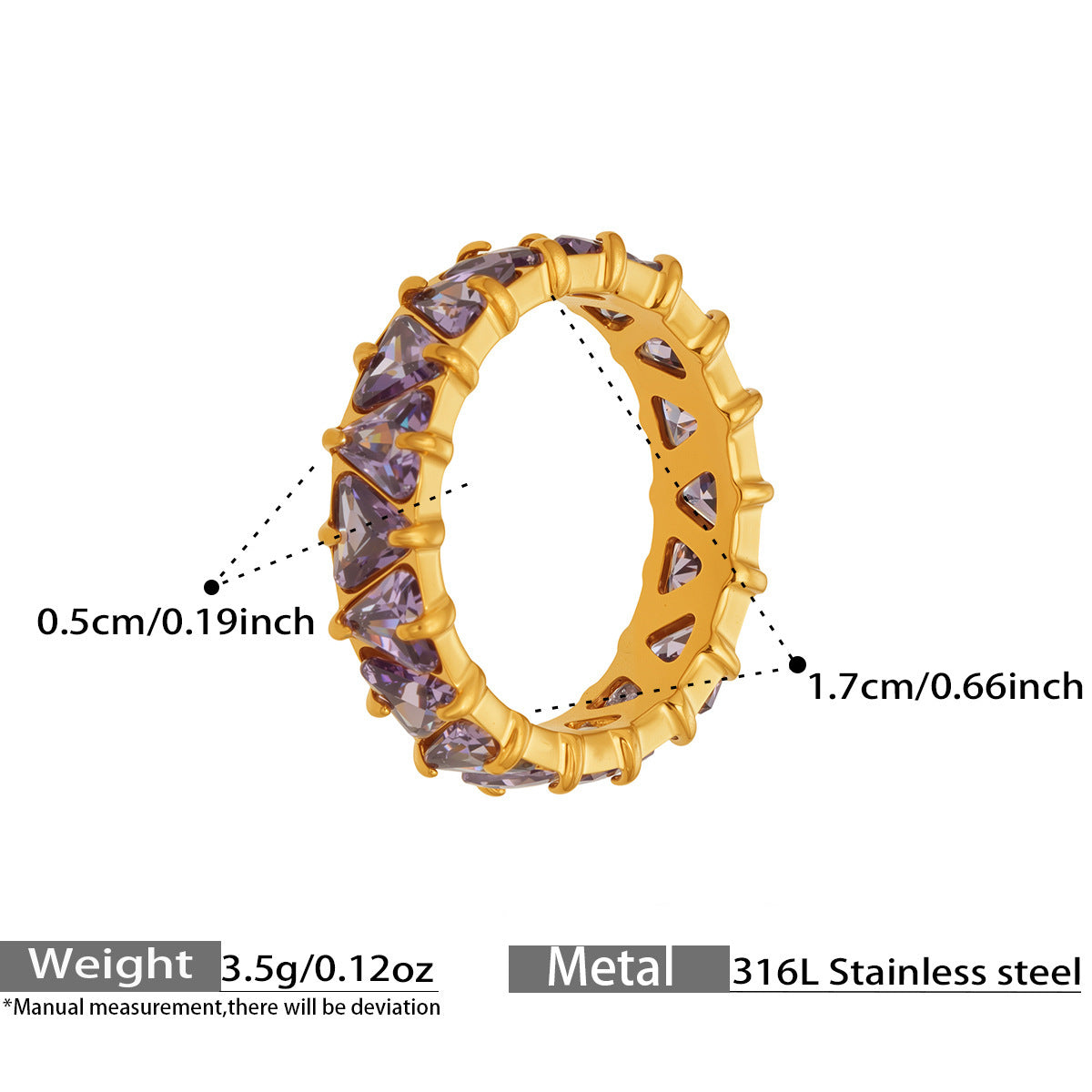 Triangle Zircon Eternity Rings — dimensions and size reference 08