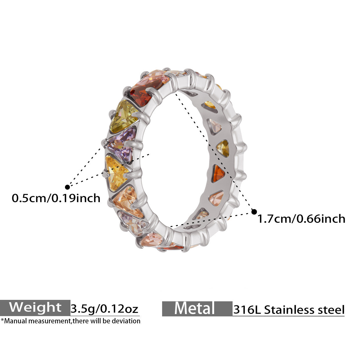 Triangle Zircon Eternity Rings — dimensions and size reference 09