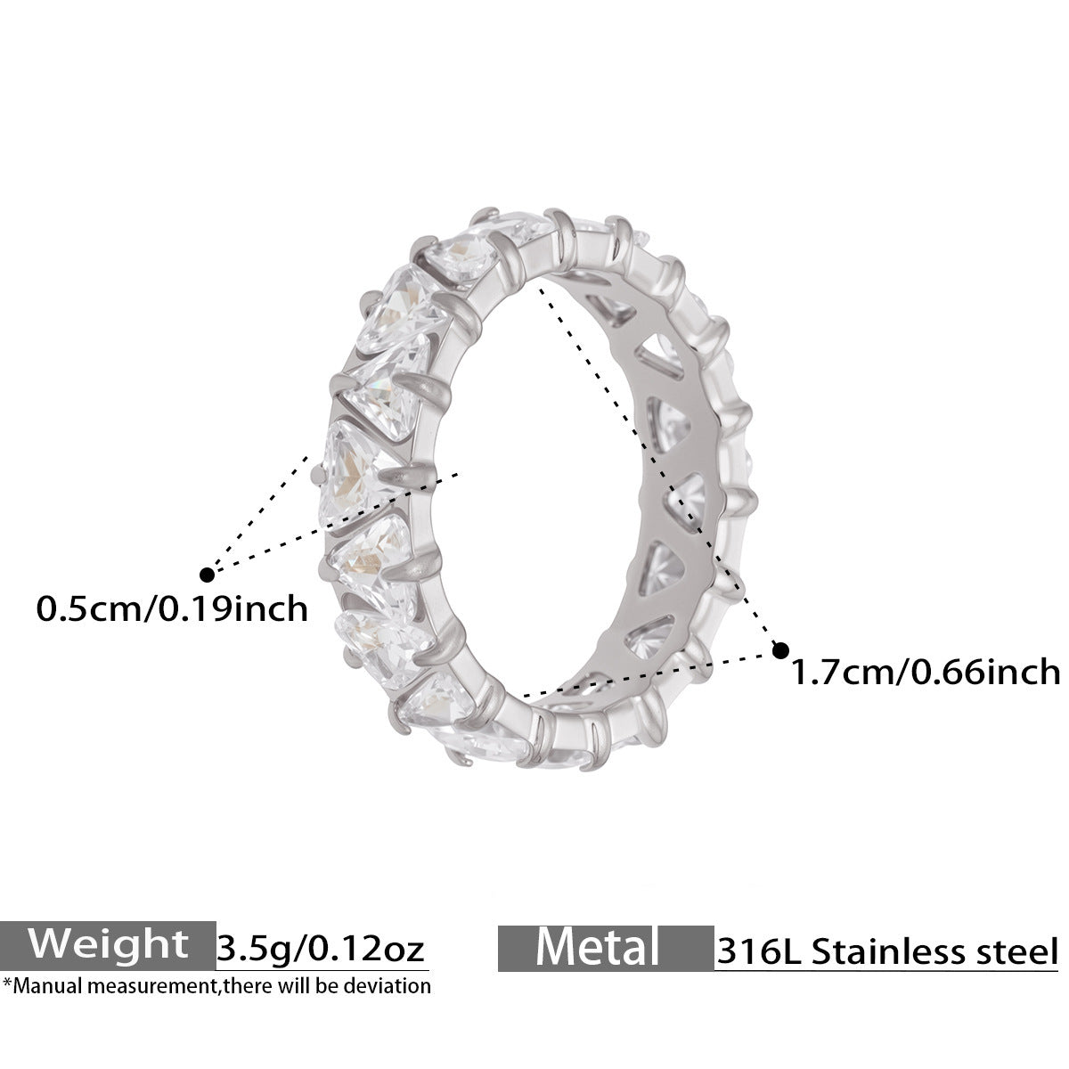 Triangle Zircon Eternity Rings — dimensions and size reference 10