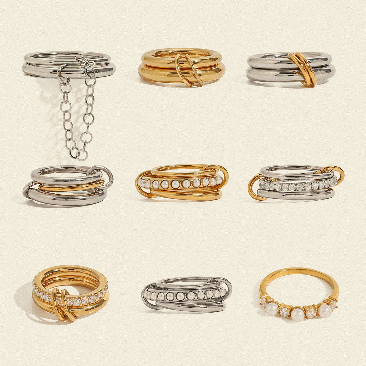 Assorted Stacking Pearl and Zircon Rings — styled view 02