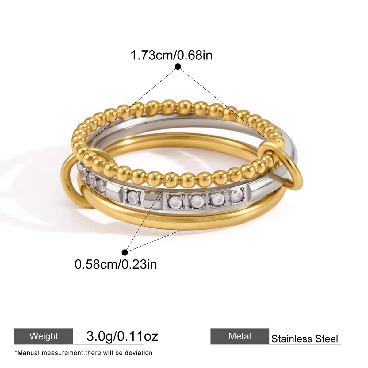 Assorted Stacking Pearl and Zircon Rings — dimensions and size reference 14