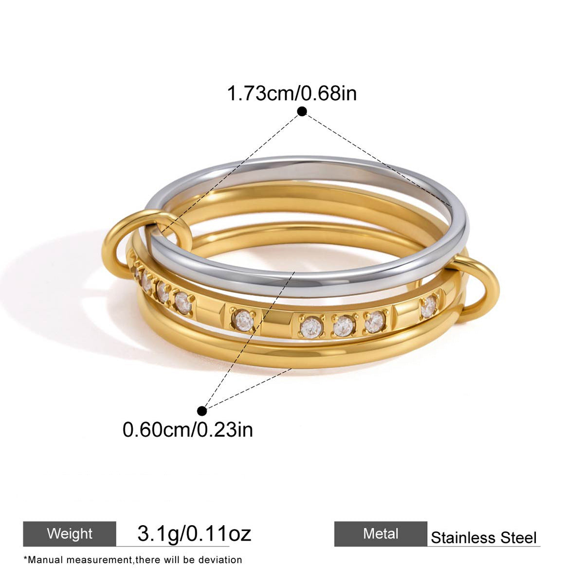 Assorted Stacking Pearl and Zircon Rings — dimensions and size reference 15
