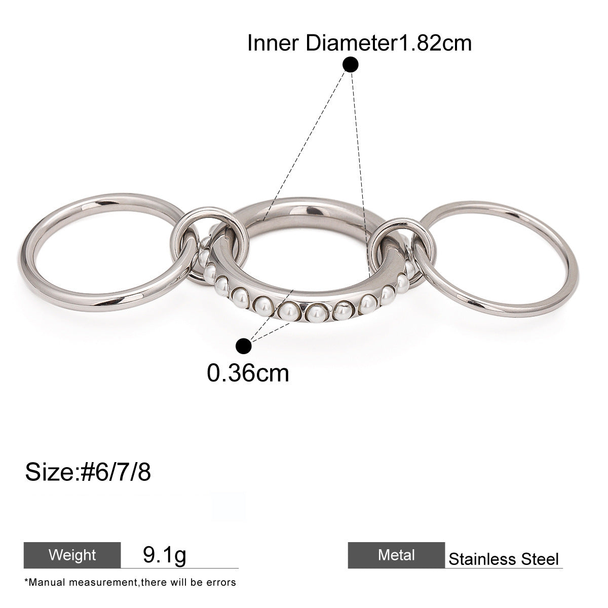 Assorted Stacking Pearl and Zircon Rings — dimensions and size reference 24