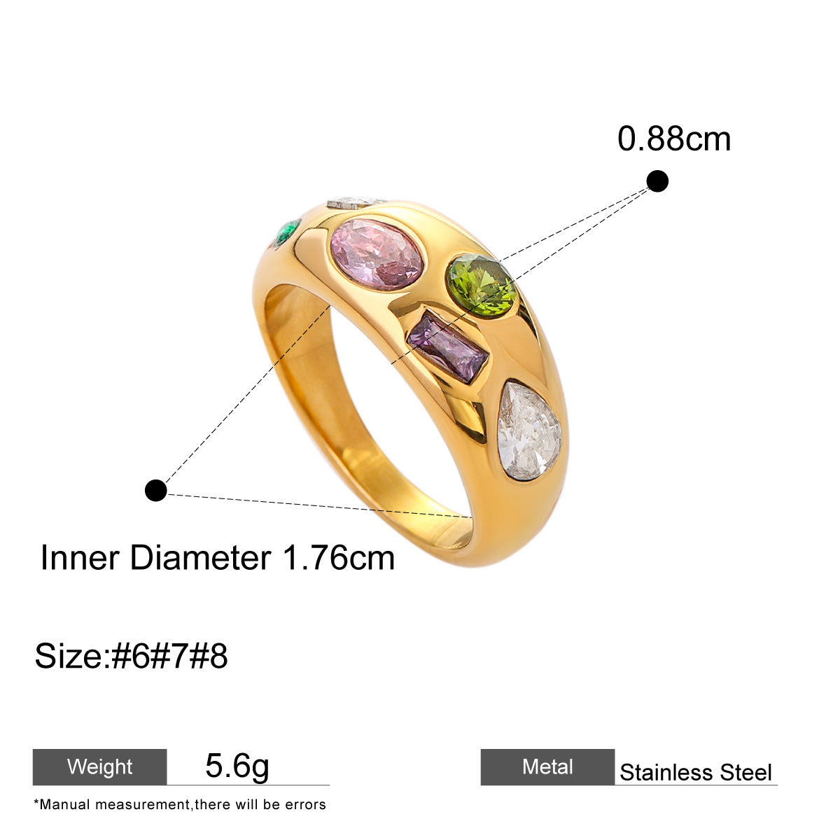 Assorted Sculptural Zircon Rings — dimensions and size reference 14