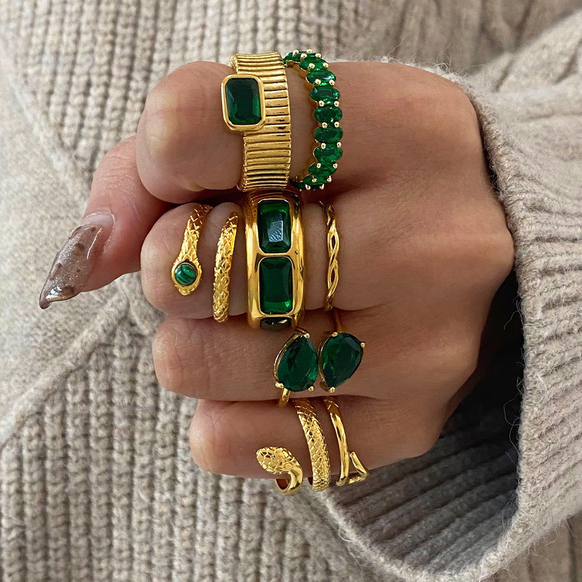 Assorted Green Stone Rings — styled view 02