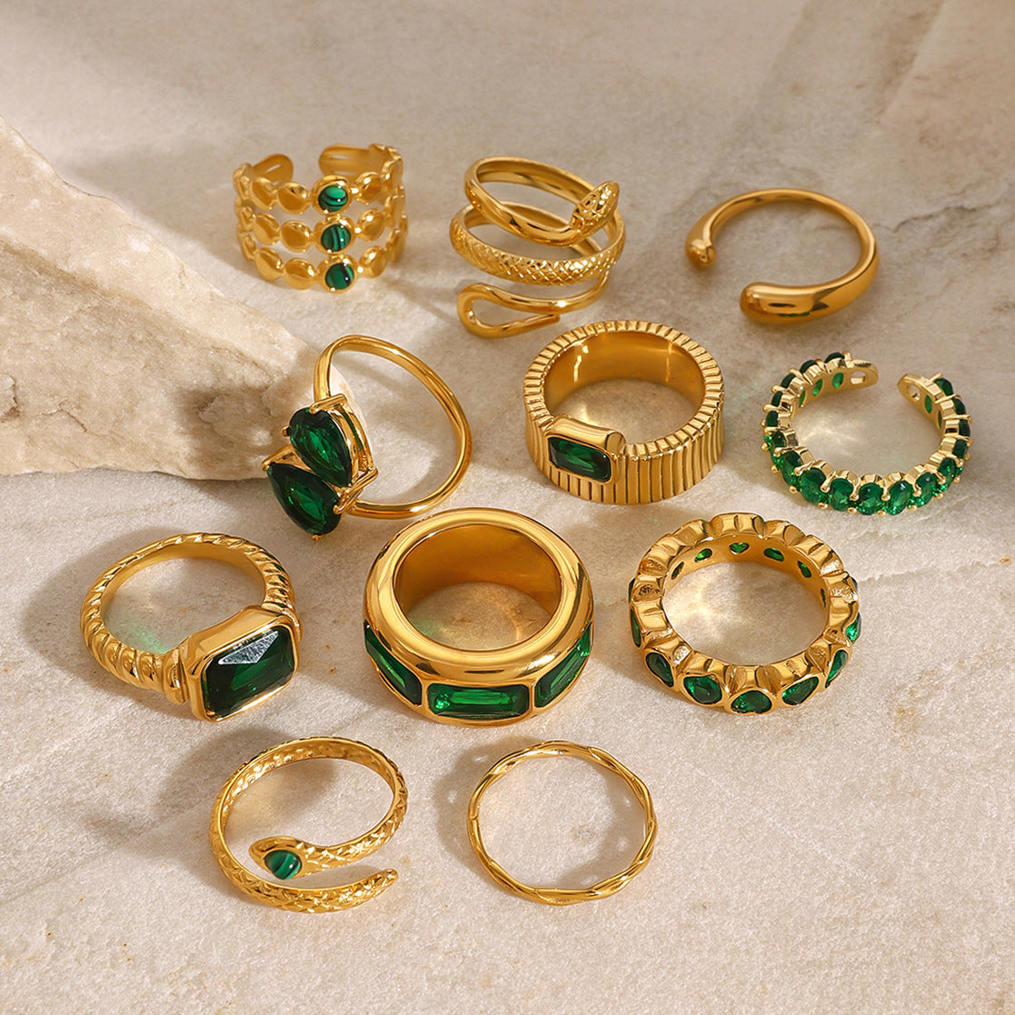 Assorted Green Stone Rings — flat lay 04