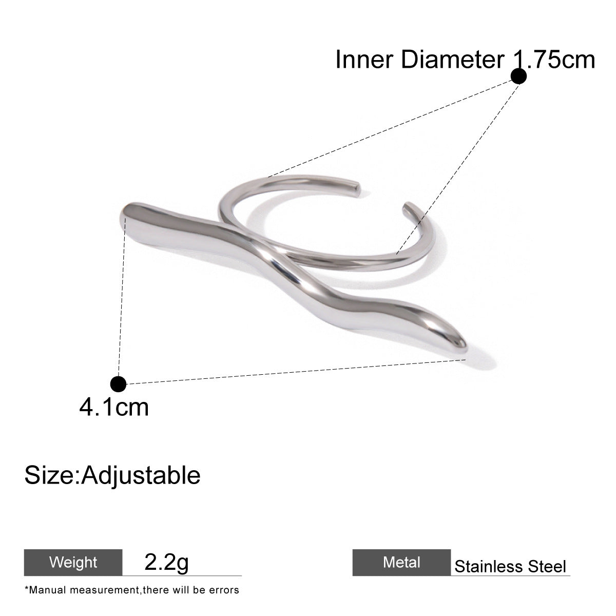 Silver-Tone Sculptural Open Rings — dimensions and size reference 16