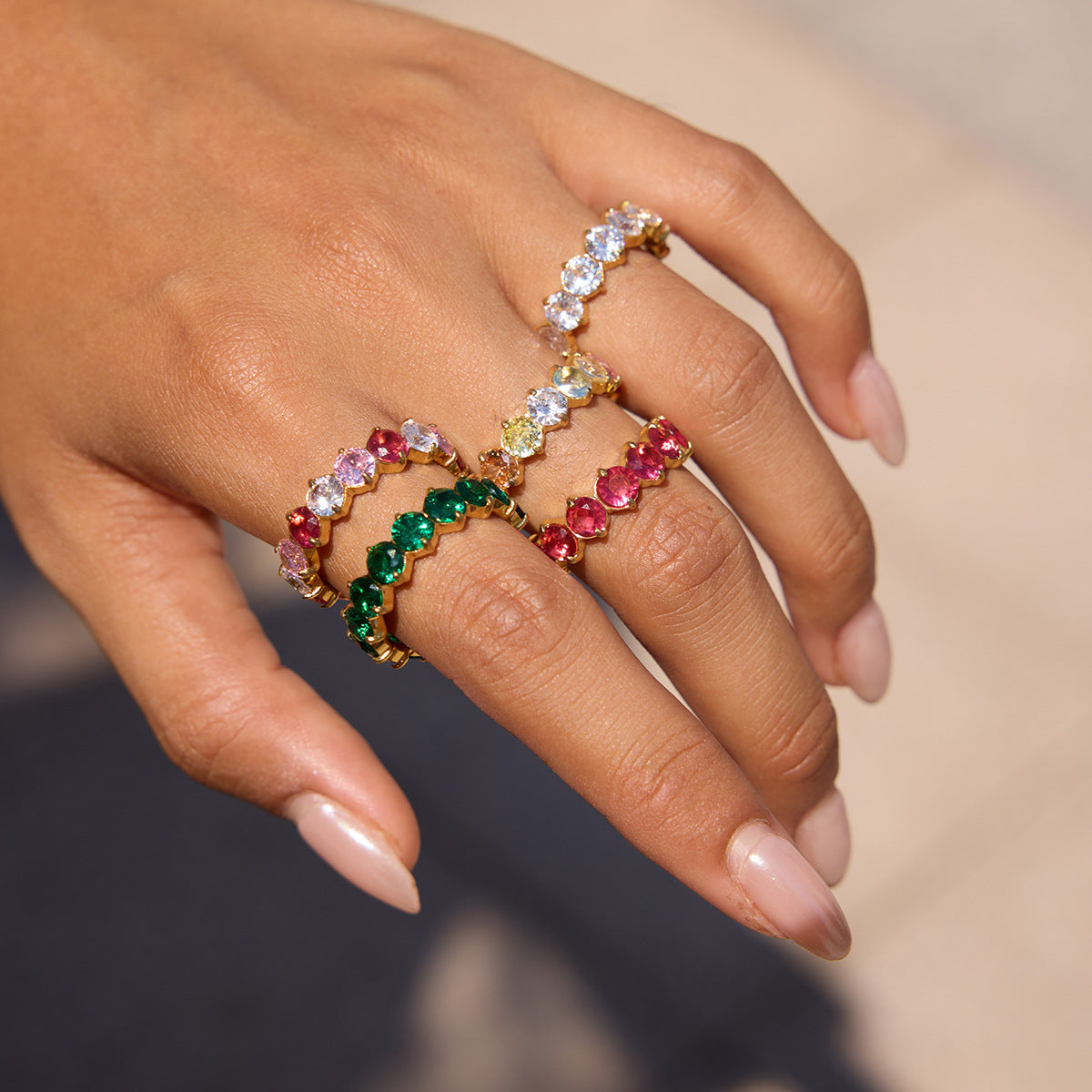 Multicolor Zircon Eternity Rings — styled view 03