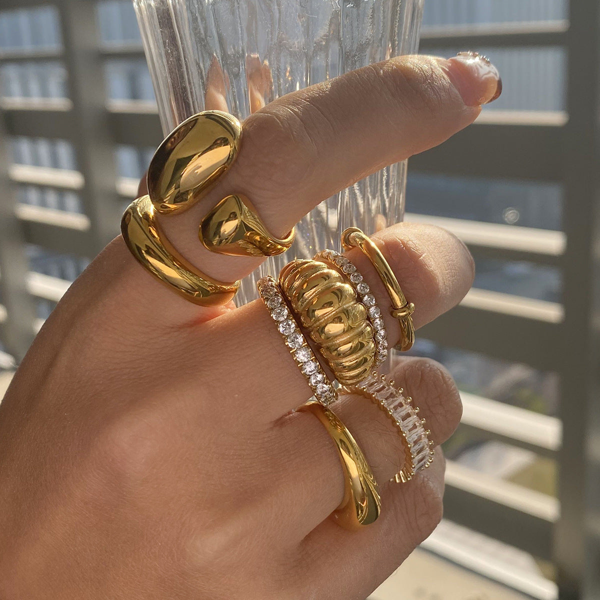 Assorted Gold-Tone Zircon Rings — styled view 02