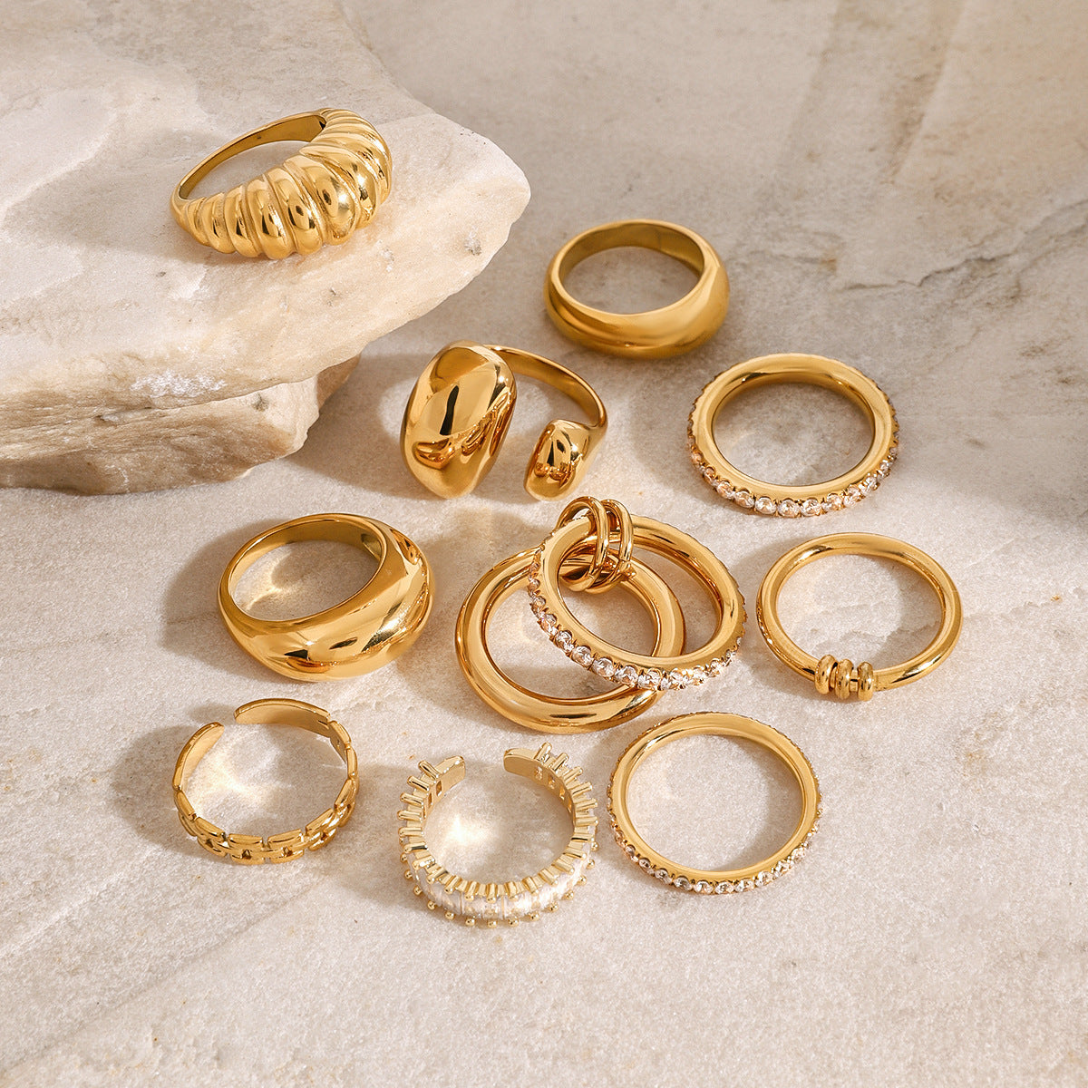 Assorted Gold-Tone Zircon Rings — styled view 03
