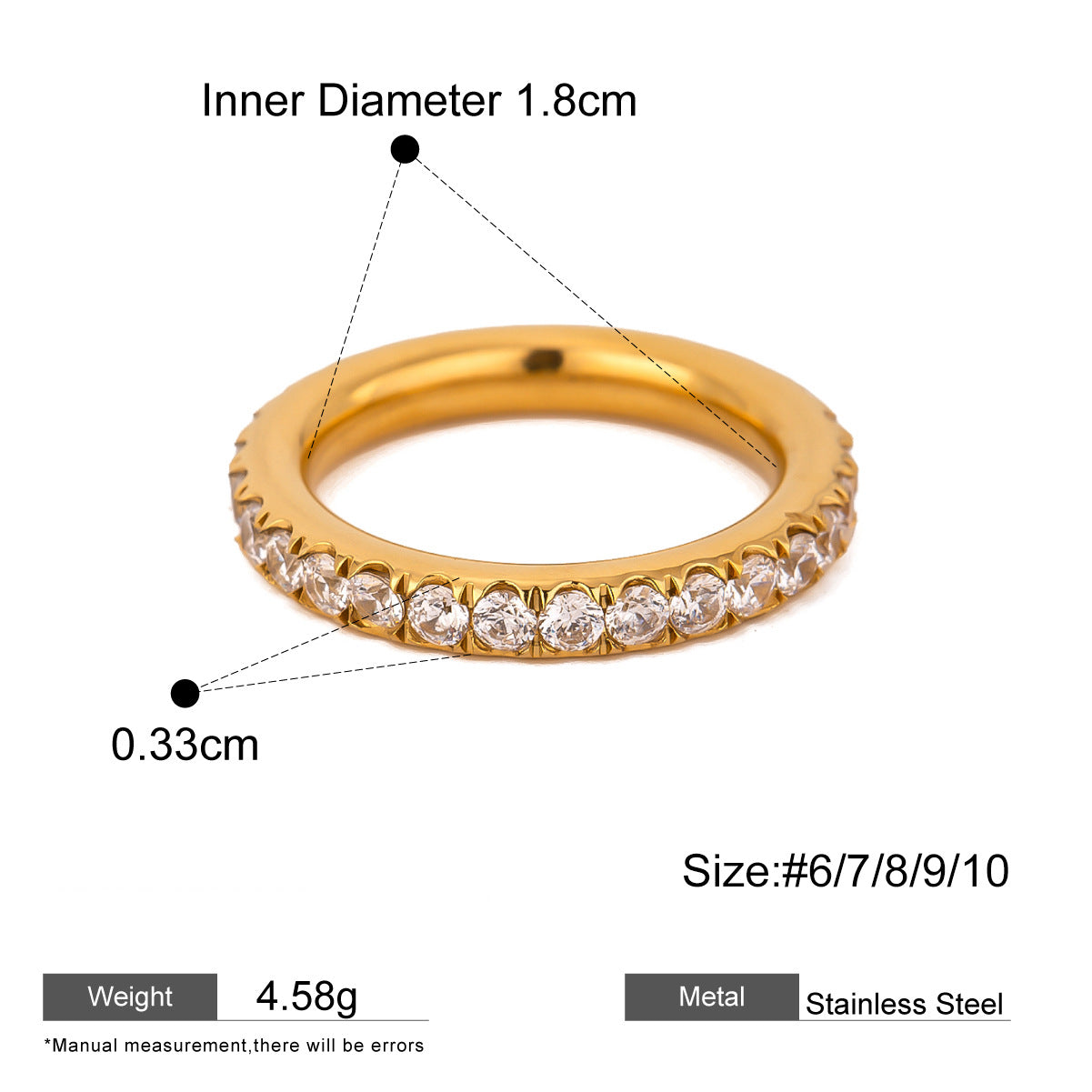 Assorted Gold-Tone Zircon Rings — dimensions and size reference 15
