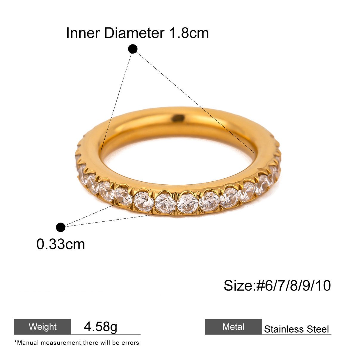 Assorted Gold-Tone Zircon Rings — dimensions and size reference 16