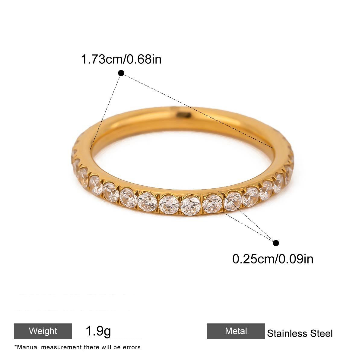 Assorted Gold-Tone Zircon Rings — dimensions and size reference 19