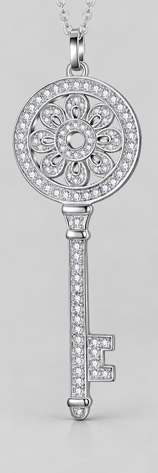 Moissanite Key Pendant Necklace in 925 sterling silver.