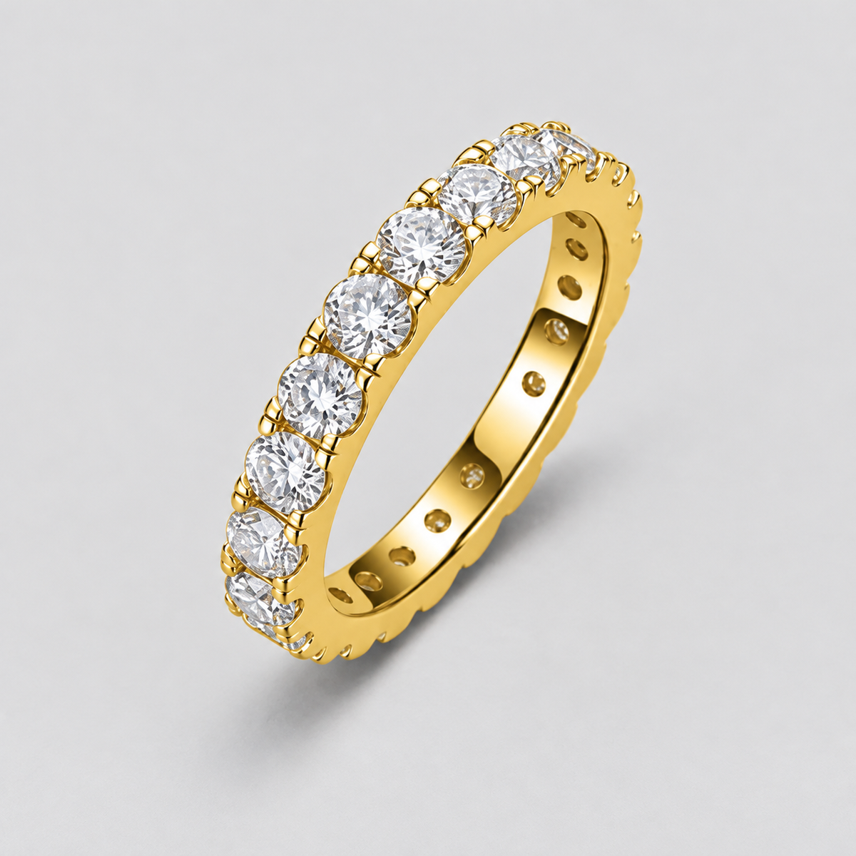 Round Moissanite Eternity Band in 925 sterling silver.