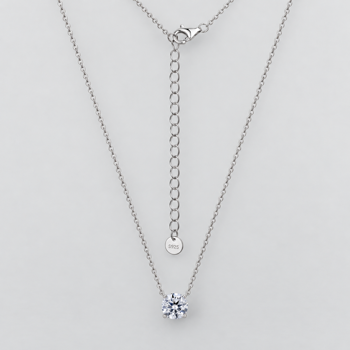 Four-Prong Moissanite Solitaire Necklace in 925 sterling silver.