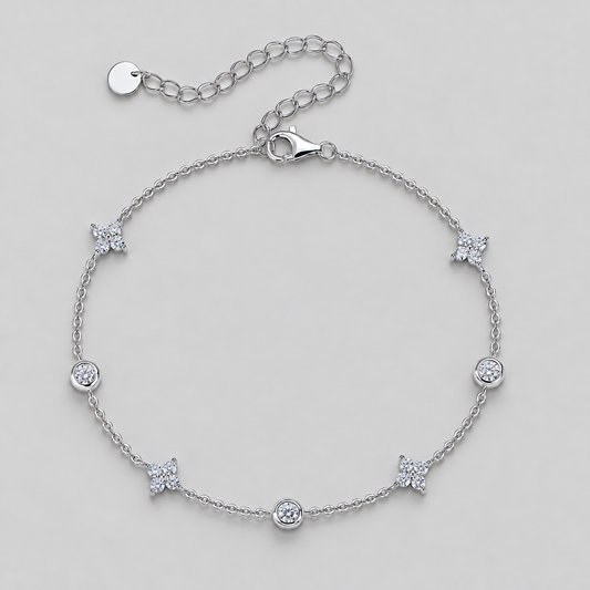 Clover Moissanite Station Bracelet in 925 sterling silver, silver finish.