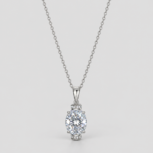 Oval Moissanite Pendant Necklace in 925 sterling silver, silver finish.