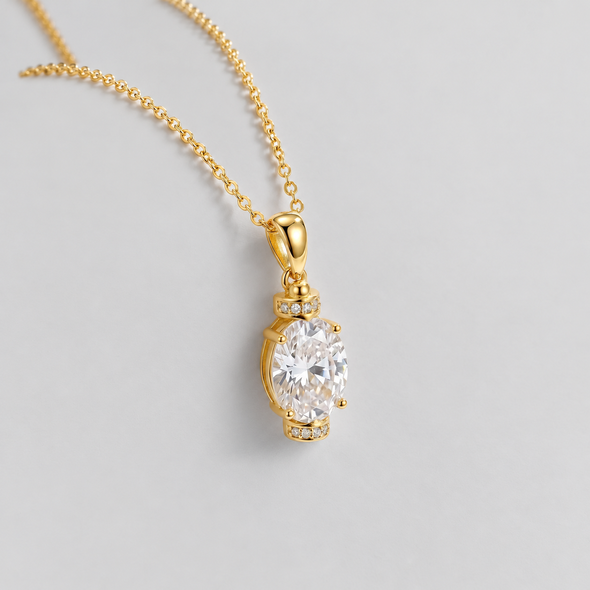 Oval Moissanite Pendant Necklace in 925 sterling silver, gold finish.