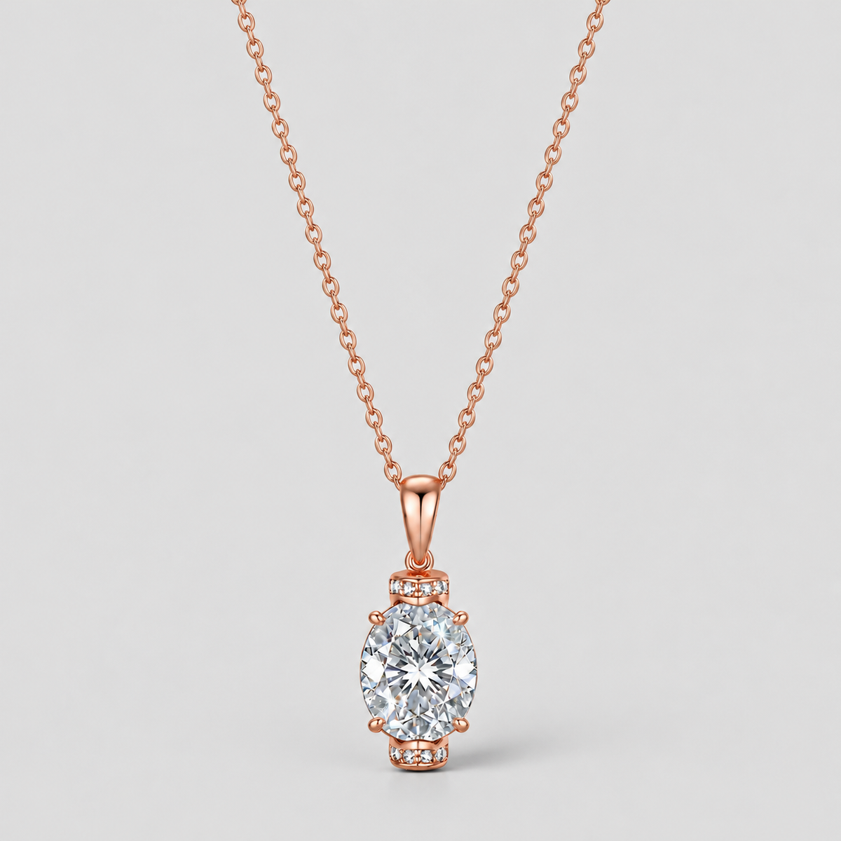 Oval Moissanite Pendant Necklace in 925 sterling silver, rose gold finish.