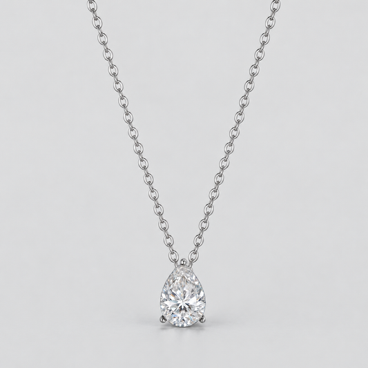 Pear-Cut Moissanite Solitaire Necklace in 925 sterling silver, silver finish.