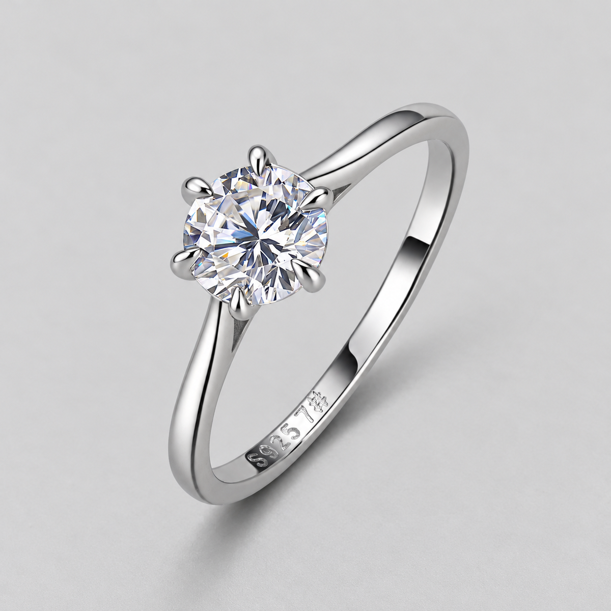 Six-Prong Moissanite Solitaire Ring in 925 sterling silver, silver finish.