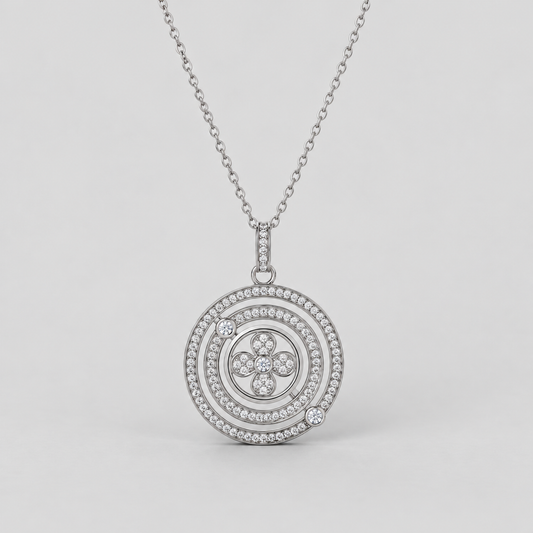 Moissanite Disc Pendant Necklace in 925 sterling silver, silver finish.