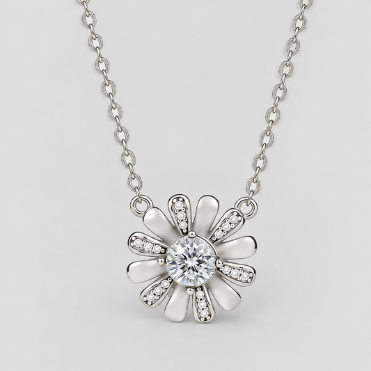 Sunflower Moissanite Pendant Necklace in 925 sterling silver, silver finish.