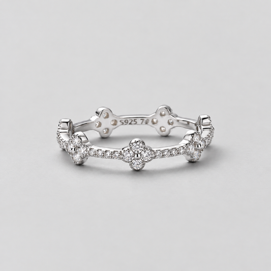 Clover Moissanite Stacking Ring in 925 sterling silver, silver finish.
